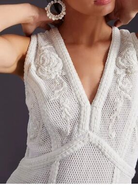 NWOT | Anthropologie Not So Serious Beaded White Deep V-Neck Mini Dress XXS